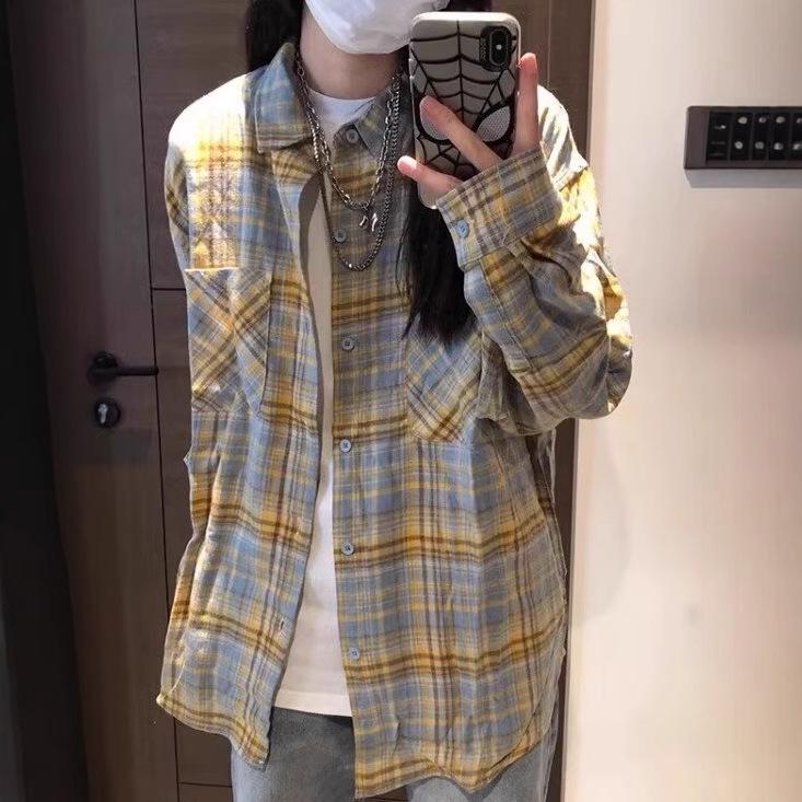 

2025 Autumn Couple Plaid Long-Sleeve Shirt: Korean & Japanese Retro Style with Turn-Down Collar XL синій