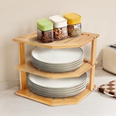 3 Tier Cabinet Organizer Shelf for Kitchen Storage Sturdy Plate Organizer Bamboo Corner Shelf Dish Rack for Cabinet Countertop