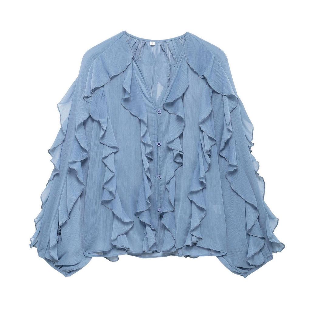 VAYLA Summer Sexy Women's Translucent Ruffles Blouses Fashion V-neck Single Breasted Tierred Causal Tops Beach Style Solid Shirts