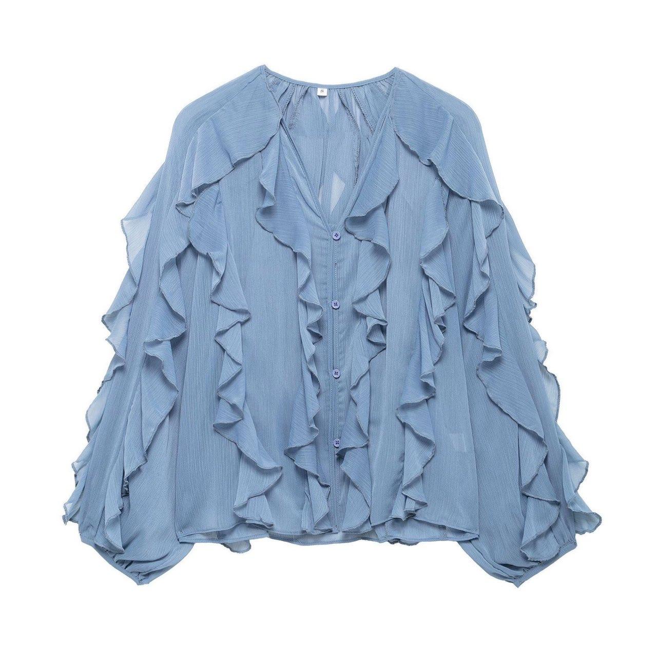 

Summer Sexy Women s Translucent Ruffles Blouses Fashion V-neck Single Breasted Tierred Causal Tops Beach Style Solid Shirts L