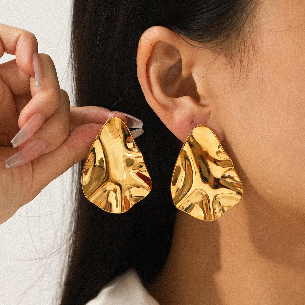 18k Gold Hammered Texture Earrings for Women, Irregular Studs, Premium Light Luxury Ear Jewelry, Versatile
