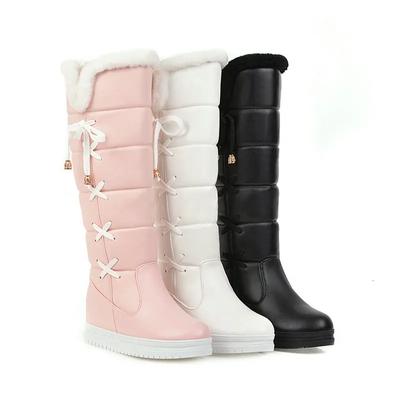 Winter Plüsch Warme Damenstiefel Bequeme flache Kniehohe Stiefel Reißverschluss Schneestiefel Damen Schwarz Weiß Rosa Große Größe 41 42 43