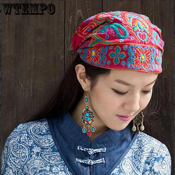 WTEMPO Women Casual Mexican Style Ethnic Vintage Embroidery Flower Black Blue Pink Red Printed Hats