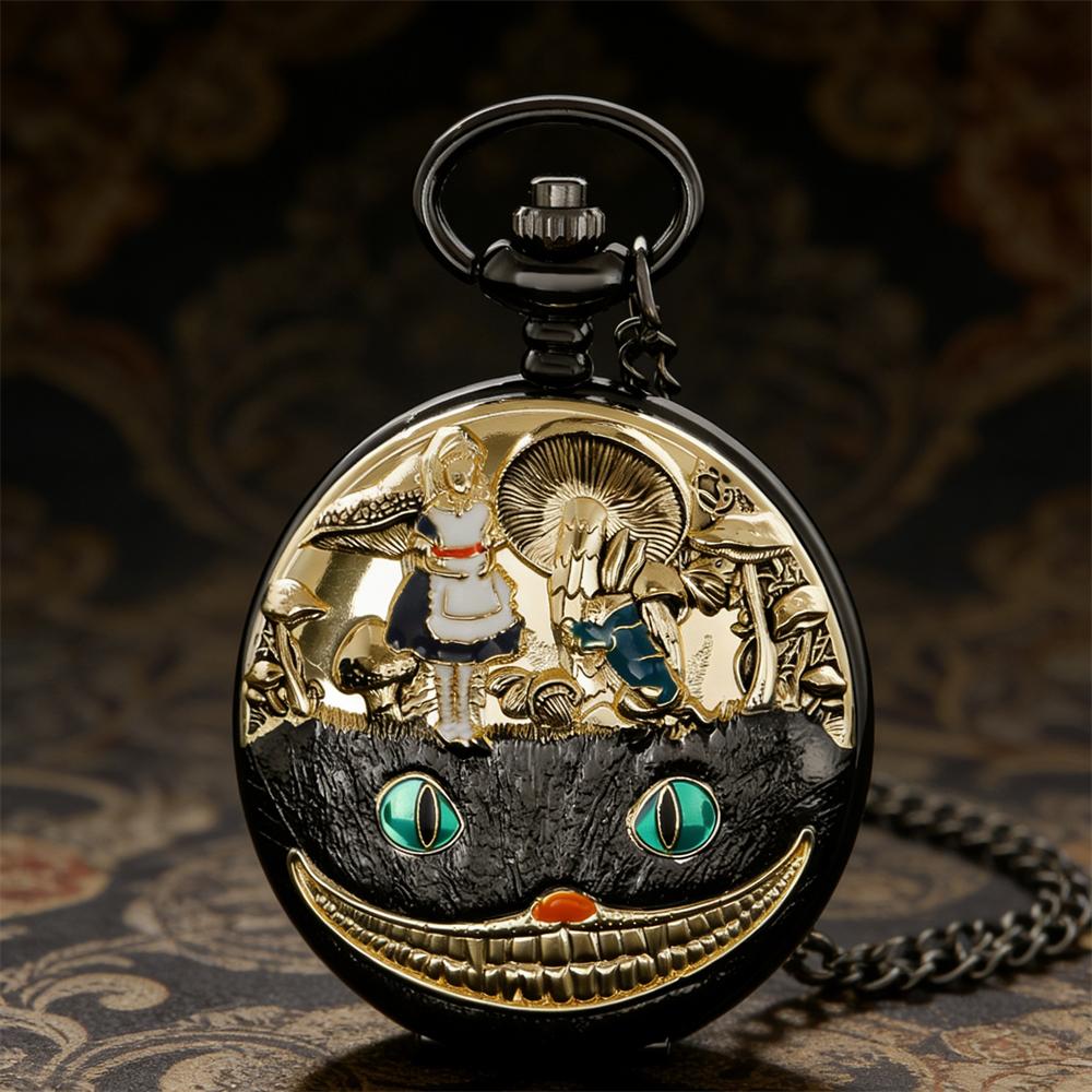 Luxury Retro Popular Black Gold Pocket Watch Enamel Fantasy Forest Character Embossed Pendant Necklace Watch for Gifts CF1760