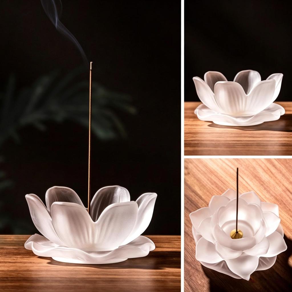 No-brand Product Lotus Flower Frosted Glass Incense Burner Multi-Hole Holder for Stick Cone and Spiral Ash Catcher Altars