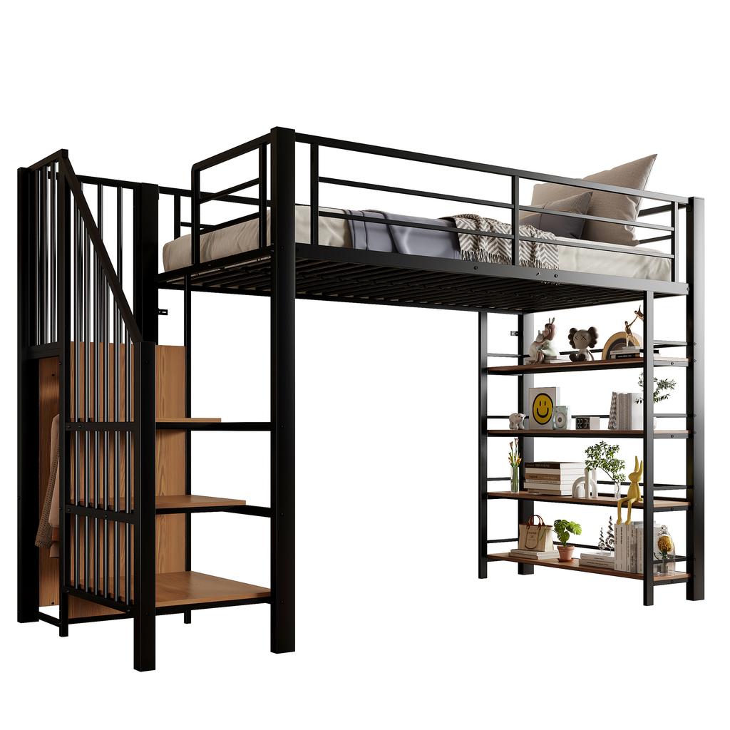 Loft Bed 90*200, with Safety Staircase, Storage Space and Small Wardrobe, Shelves, High Fence Design, Youth Bed, Black (Old SKU for LDB00162AAB)