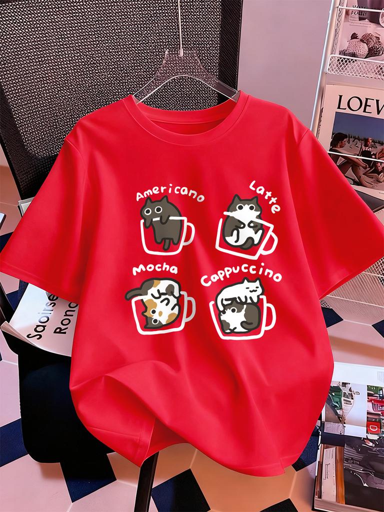 Cat Coffee Art Letter Printing TShirts Womens Summer Cotton Short Sleeve Tops ONeck Soft Loose T Shirt Casual Womans Clothes