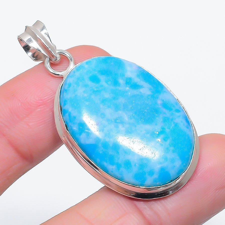 Natural Larimar Gemstone Handmade 925 Sterling Silver Jewelry Pendant 1.93" T0Y13