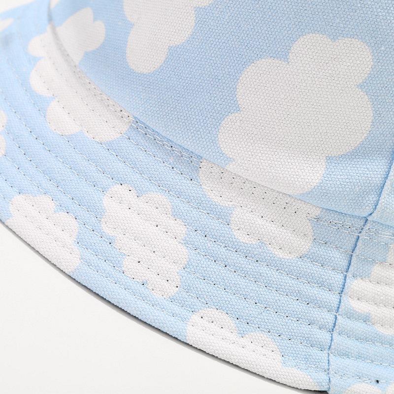 Spring new canvas bucket hat men and women refreshing blue sky white cloud pattern double-sided basin hat spring and summer outdoor hat