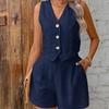 European & American Linen Summer Casual V-Neck Vest and Shorts Set for Women