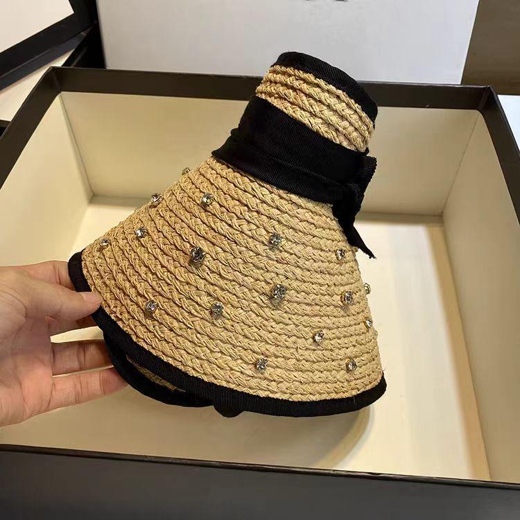 Trendy Summer Luxury Rhinestone Sun Hat, Straw Hat, Sun Protection Hat, Wide-brimmed Beach Hat, Raffia Empty-top Hat