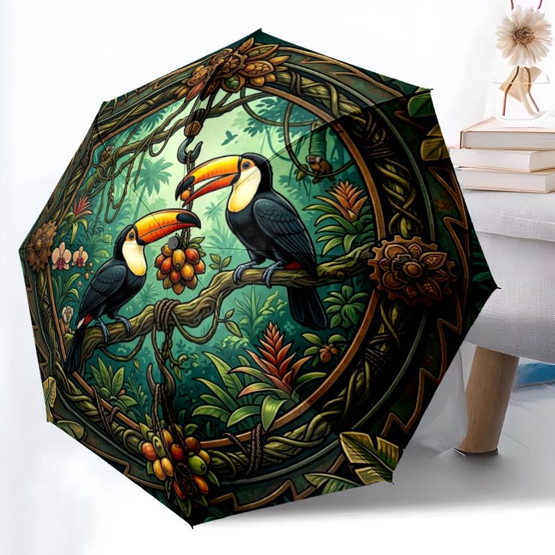 Regenschirm mit tropischem Dschungel-Motiv und Tukan, tragbares und faltbares Design, 8 Speichen, ein lässiges Accessoire für Geburtstagsgeschenke für Freunde. bunt