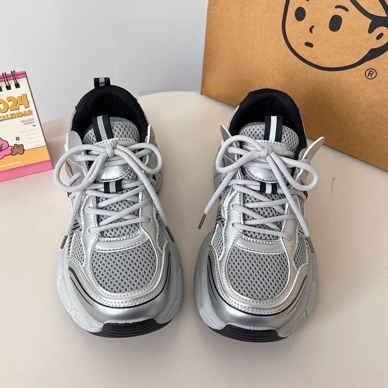 

Fashion New Autumn Style Comfortable and Fashionable Sports Shoes Round-toe Lace-up Casual Thick-soled Heightening Mesh Women s Shoes 35 серебряный