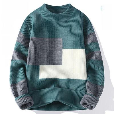 Japanese Contrast Color Round Neck Sweater - Men's Trendy Hong Kong Style, All-Match, Loose, Thick & Warm Knit