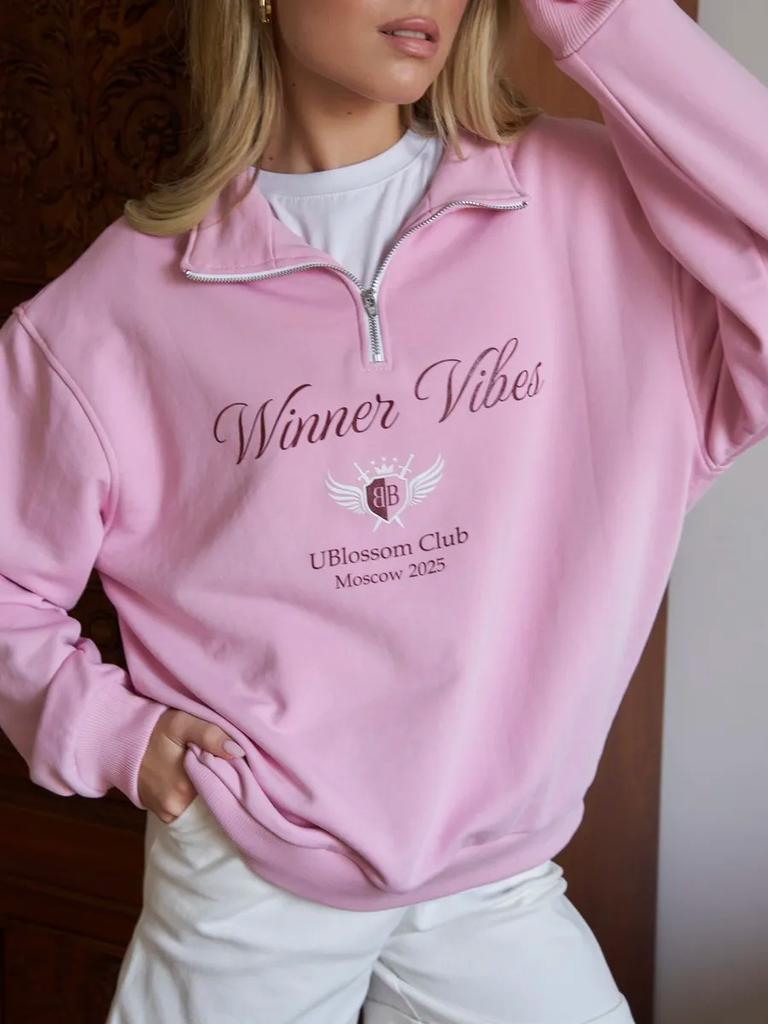 Women's Half Zip Turn Down Collar Sweatshirt Oversize Loose Fit Letter Wing Print Fleece Lined Pullover Top