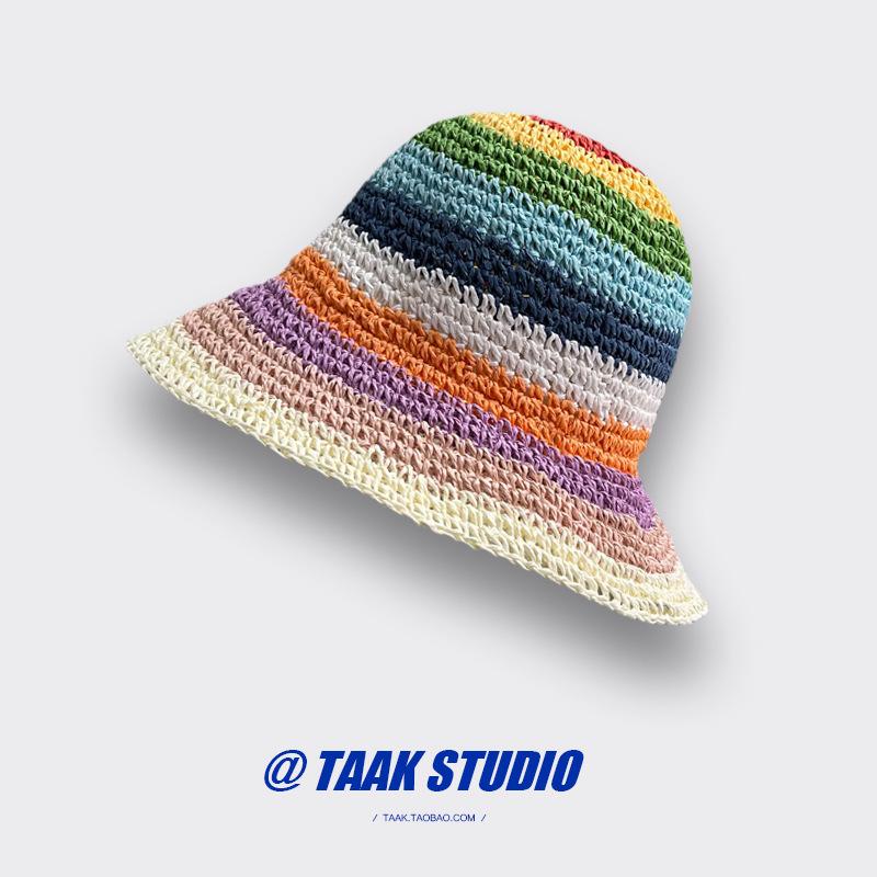 

Rainbow Fashion Straw Hat Women Travel Sun Shade Beach Fisherman Hat Straw Rice pink