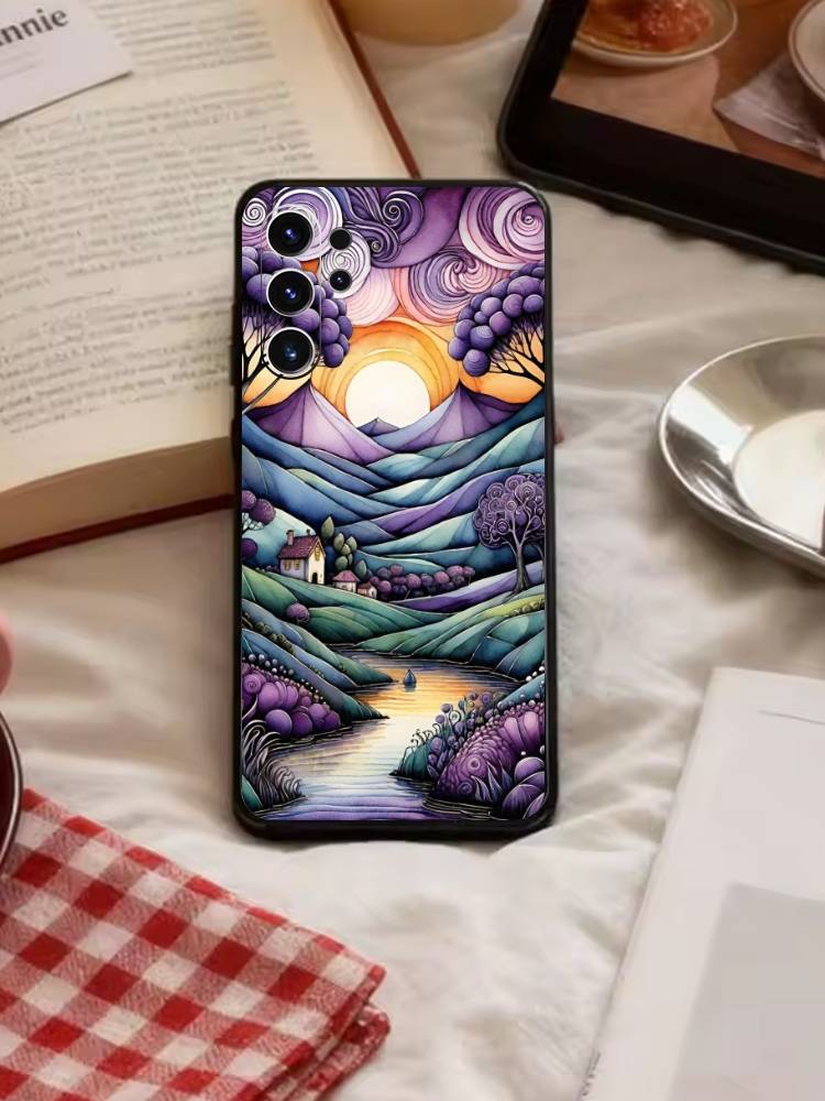 Whimsical landscape Starry Night Phone Case For Samsung S26,S25,S24,S23,S22,S21,S20,Ultra,Plus,FE Black Soft Cover