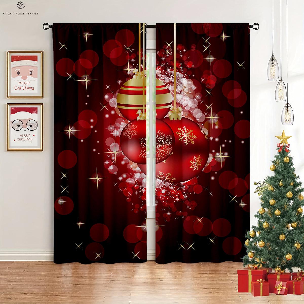 

Three D Printing Christmas Curtains Wood Grain Fireplace Balls Restaurant Bedroom Living Area Holiday Decorationation W50xH130(CM)x2PCS&Rod pocket