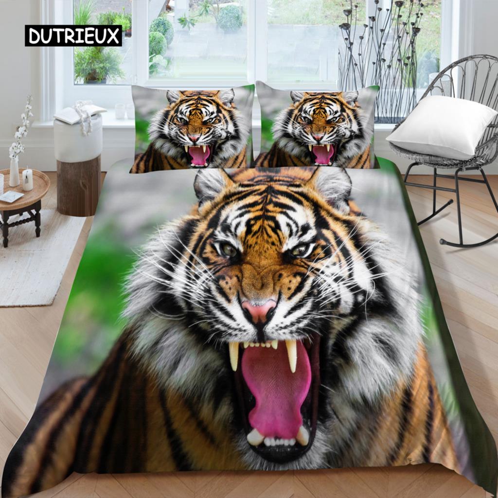 3D Bedding Set Black Duvet Quilt Cover Set Comforter Cover Pillowcase King Queen Size Animal Tiger Printed Polyester Quilt Cover