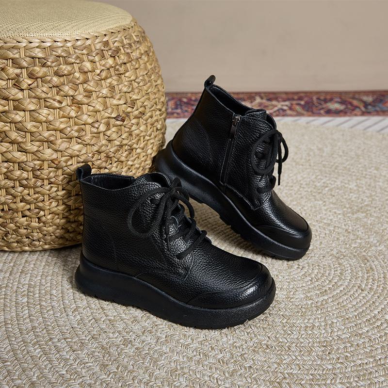 First-layer cowhide single leather Martin boots women's soft-soled soft-faced British retro casual shoes lace-up large-size short boots
