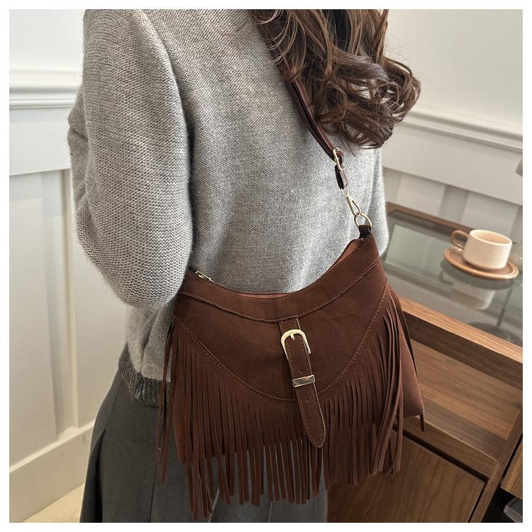 Korean Style Suede Faux Leather Square Bag Tassel Fringe Crossbody Shoulder Purse for Women