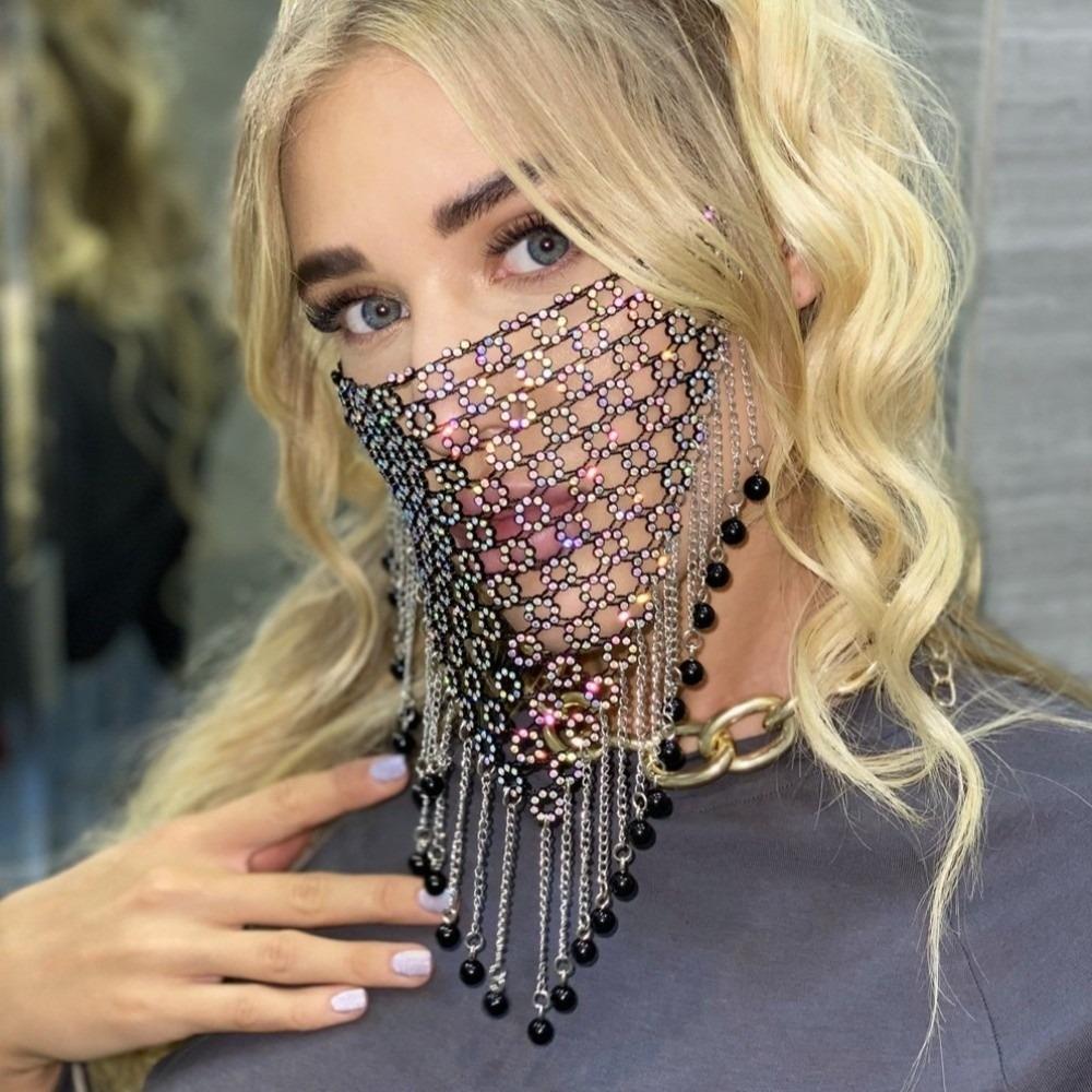 Tassel Rhinestone Mask Bling Masquerade Mask Reusable Face Cover  Nightclub