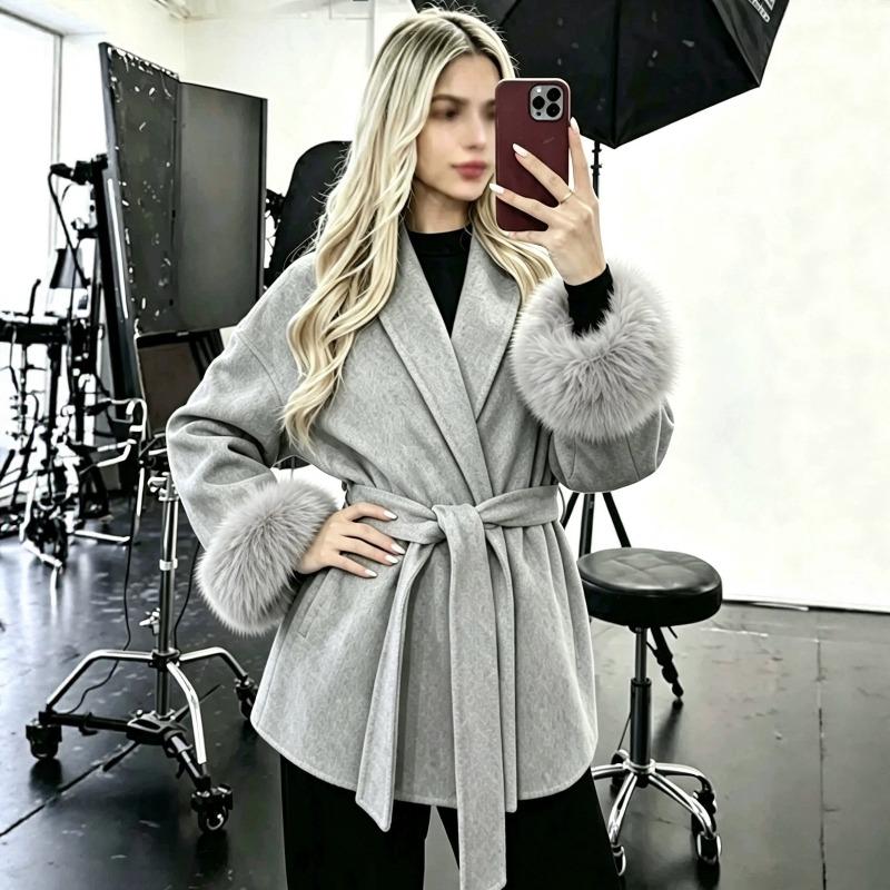Winter Fox Fur Cuff Splicing Lace-up Short Woolen Jacket Femininity Commuter Coat