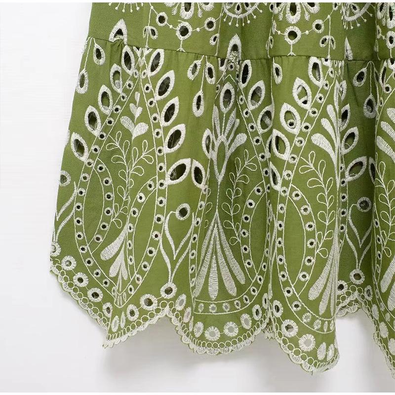 Printed Hollow Out Sling Women Dress Elegant Green Sleeveless Backless High Waist Dresses Female Summer Lady Beach Robe