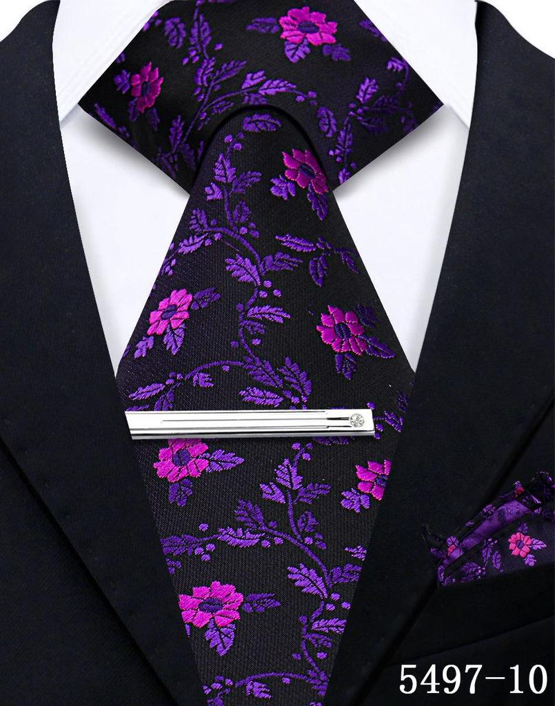 Men's Retro Floral Tie, Pocket Square & Tie Clip Set for Weddings