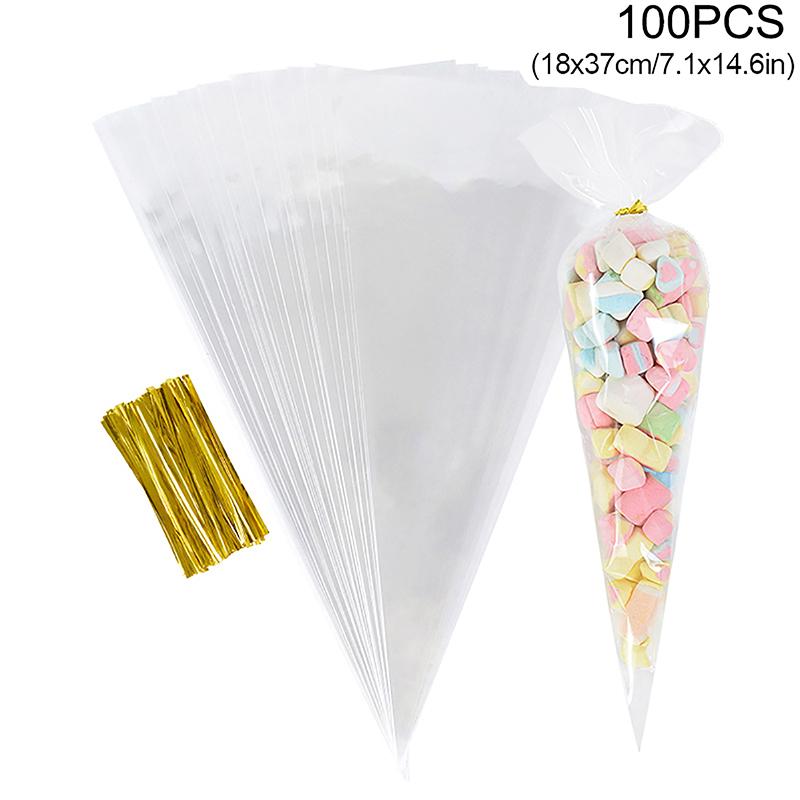 

Прозрачный целлофановый пакет для конфет Прозрачные конусные упаковочные пакеты для свадебных подарков на день рождения Подарки для вечеринок Упаковка для попкорна Пластиковый пакет 100PCS 18X37CM