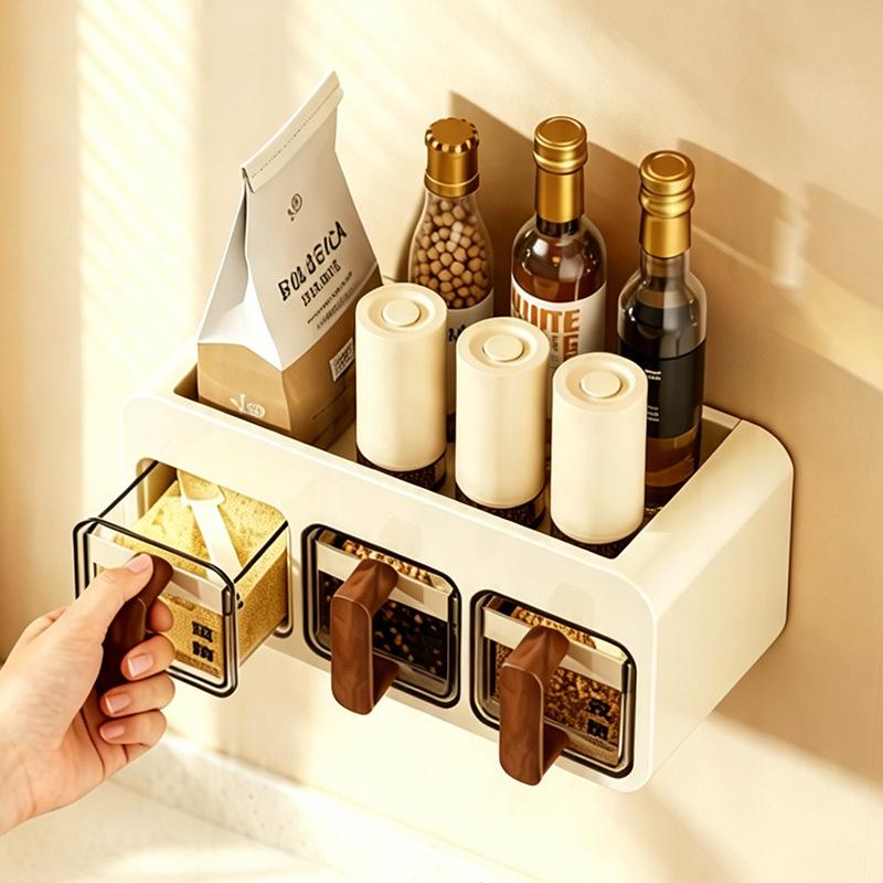 Seasoning tank combination wall hanging household kitchen multi-grid integrated sealing moisture-proof seasoning box pepper jar salt jar seasoning