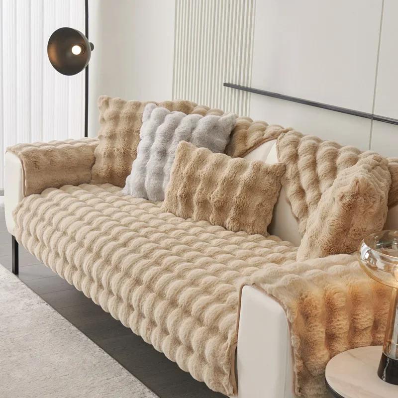 Warm Velvet Non-Slip Cushions Winter Thick Plaid Plush Sofa Cover  Living Room Flannel Couch Covers Universal Armrest Back Towel