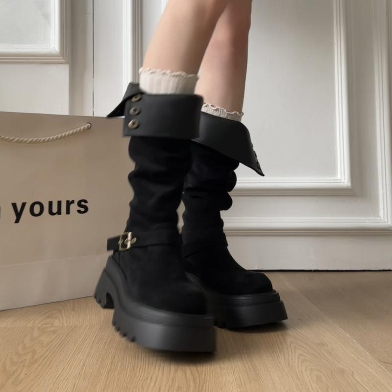 

Fashion British style foldable thick heel platform boots autumn and winter retro design sense thin women knight boots 40 чёрный