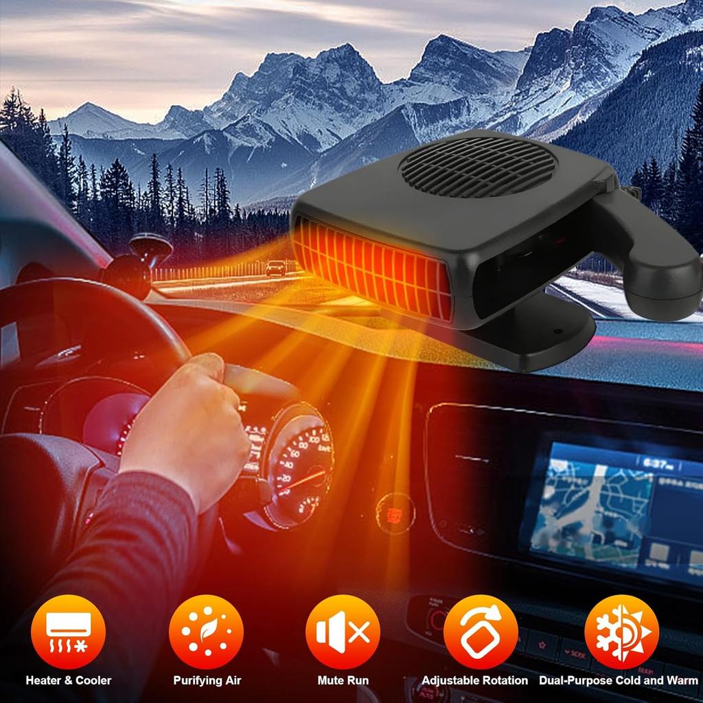 12V 200W Portable Car Heater with 360° Rotation, Dual Heating & Cooling Fan for Vehicle Windshield Defroster