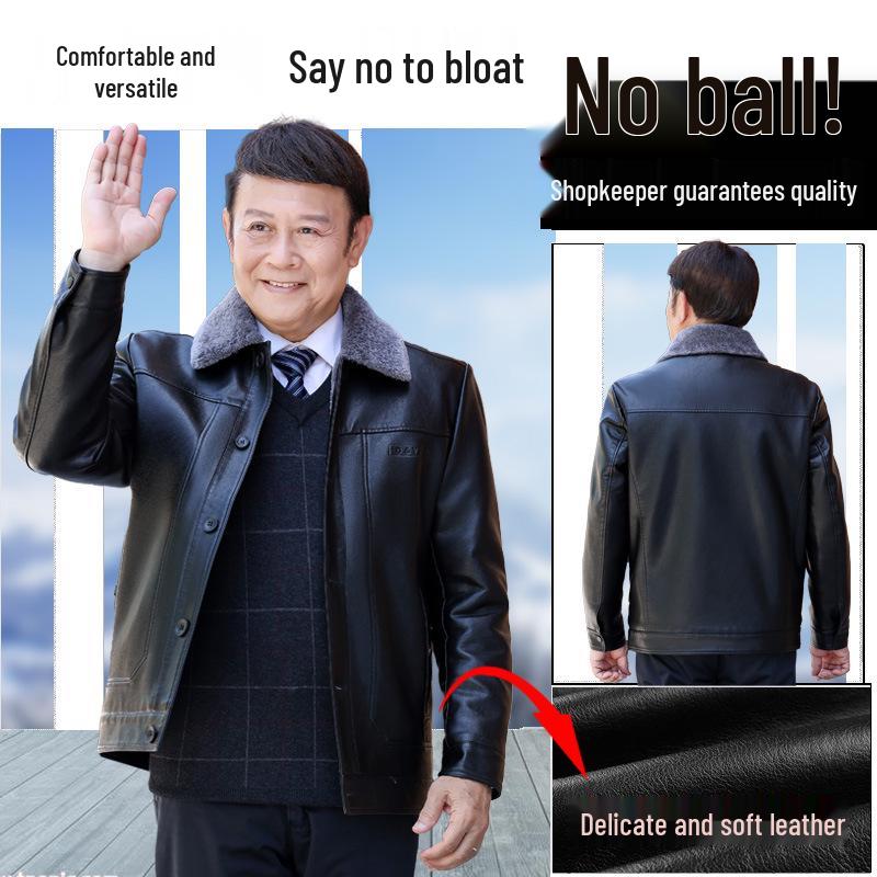 Men's 50+ Velvet-Lined Leather Jacket for Winter, Suitable for Middle-Aged & Elderly