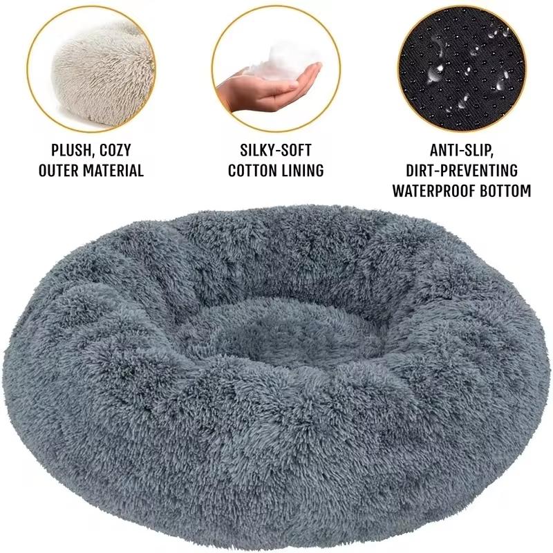Pet Cat Dog Super Soft Bed Long Plush Donut Round Dog Kennel Washable Comfortable Fluffy Cushion Mat Winter Warm Dog and Cat Bed