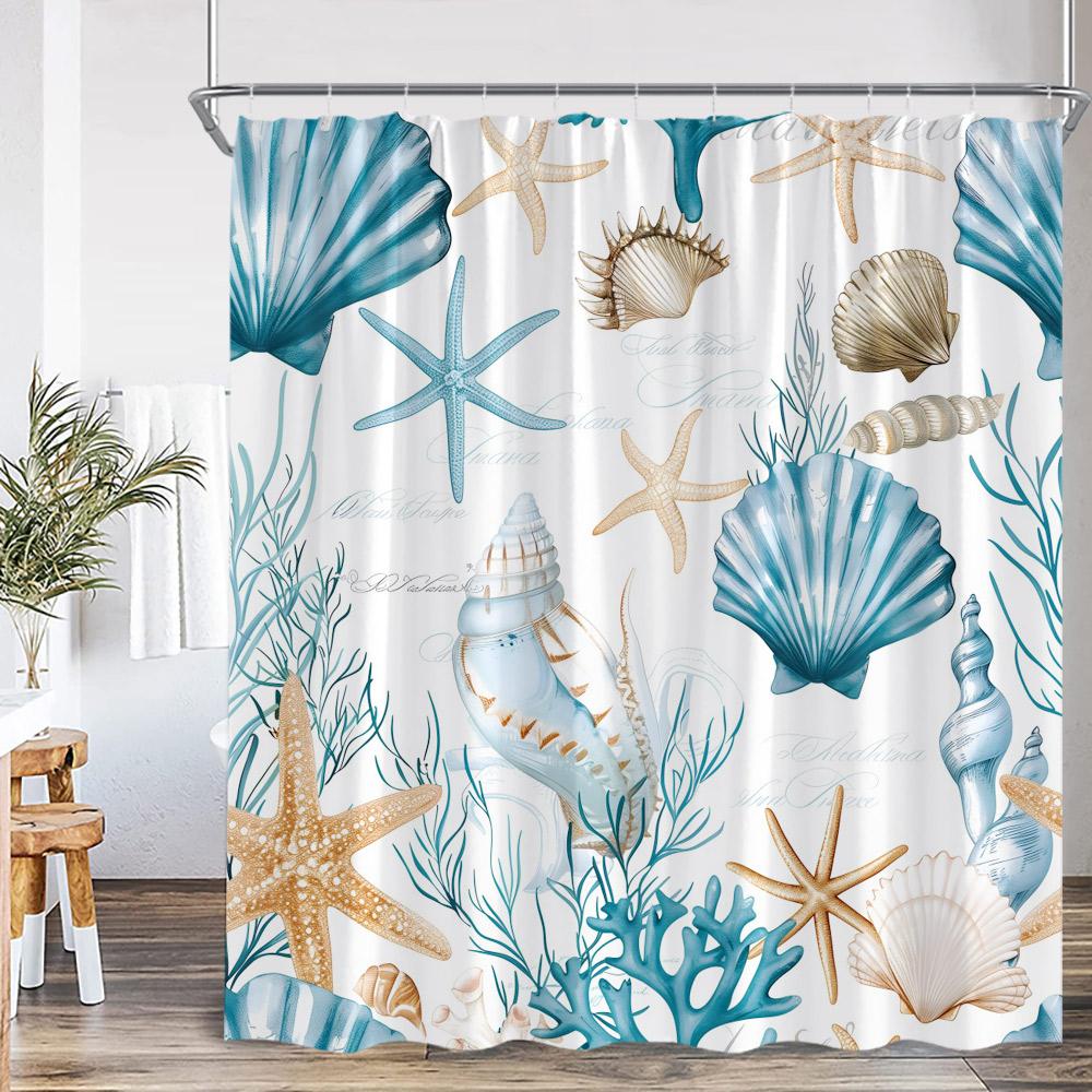Nautical Sea Blue Shower Curtain Seashell Coral Seafish Seaweed Rudder Conch Ocean Bathroom Decoration Polyester Bathtub Curtain