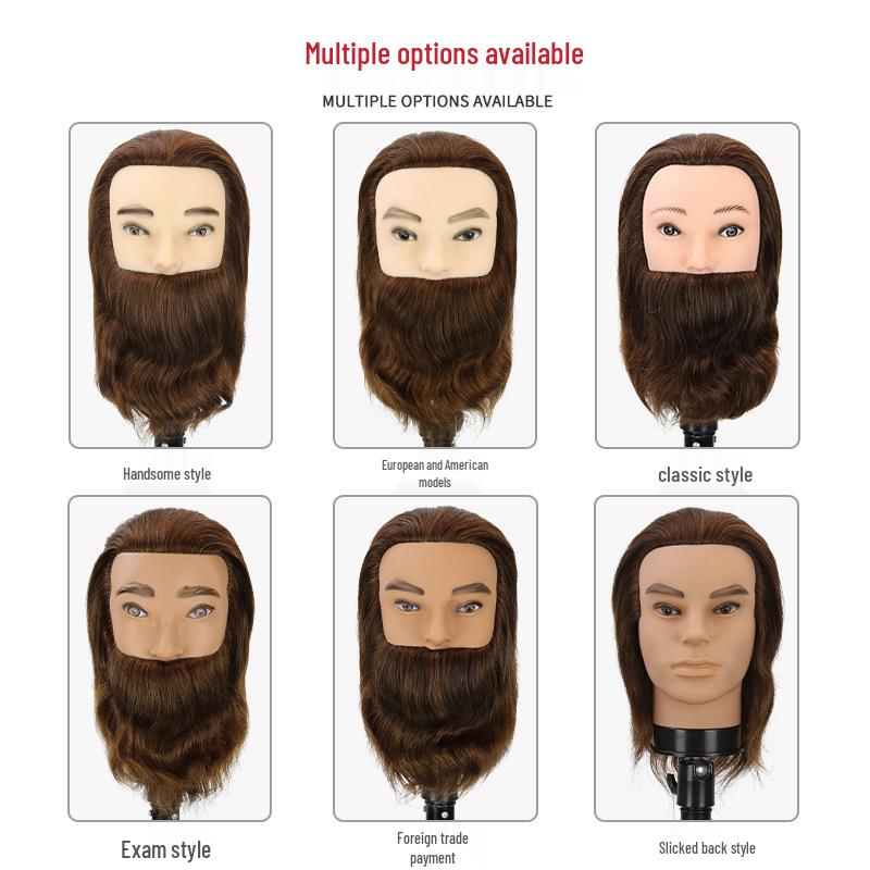 Men's Beard Model Head with Human Hair for Styling, Perming, and Dyeing - Perfect for Apprentice Practice in Barbershops.