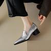 Spring New Coarse Heel Shoes Women's Pointed Head Deep Mouth Leather Waterproof Non-slip Low-top Shoes