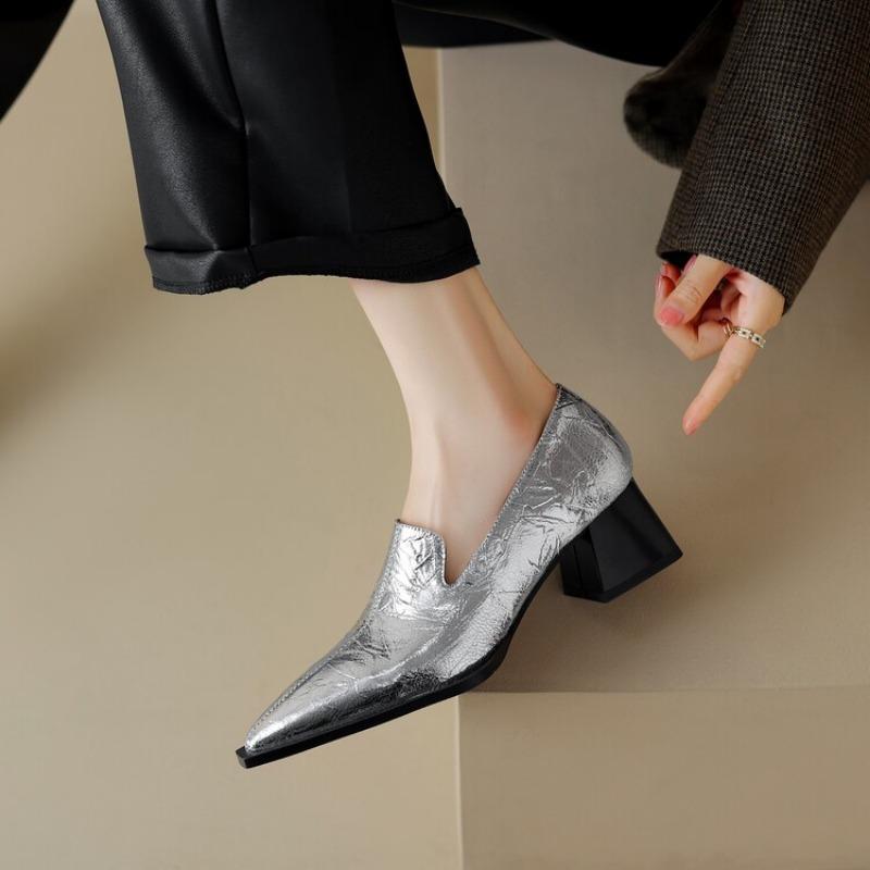 Spring New Coarse Heel Shoes Women's Pointed Head Deep Mouth Leather Waterproof Non-slip Low-top Shoes