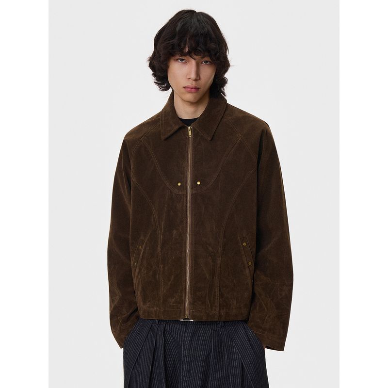 Blaexit Retro Vintage Short Suede Lapel Jacket for Men, Early Autumn American Deconstructed Patchwork Coat