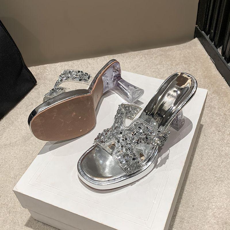 Niche crystal thick heel high heel one-word women 2025 summer new fashion versatile comfortable open-toed cool slippers women