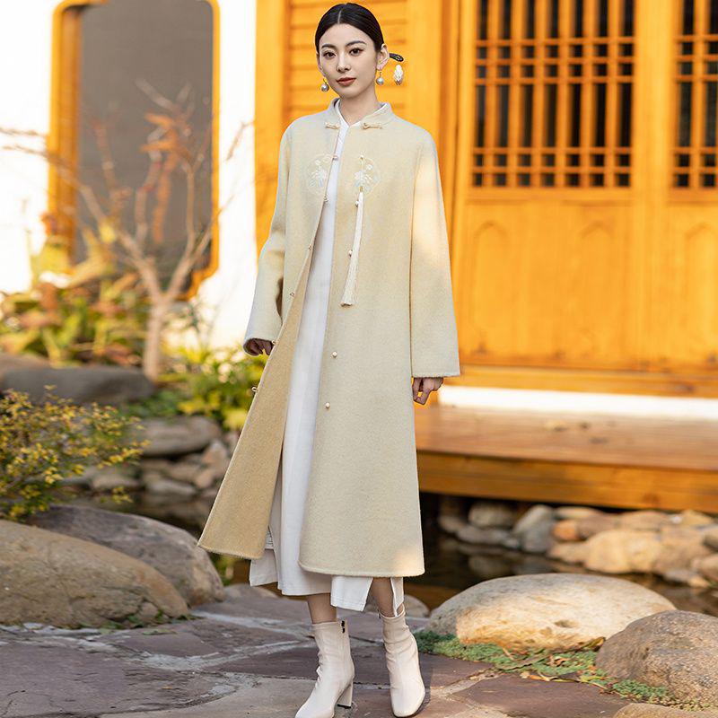 

Женское весенне-осеннее шерстяное пальто с вышивкой—Двустороннее в стиле ханьфу дзен XL (125-135 Jin)