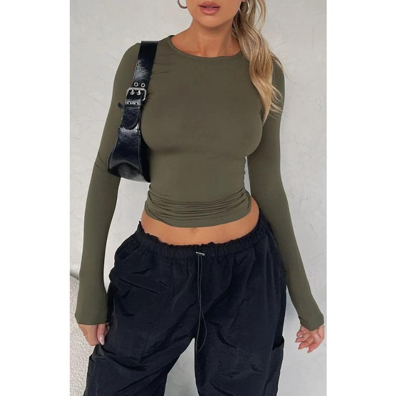 Autumn Women Slim Round Neck Cropped Tops Long Sleeve Show Navel Solid Temperament Color T-Shirt