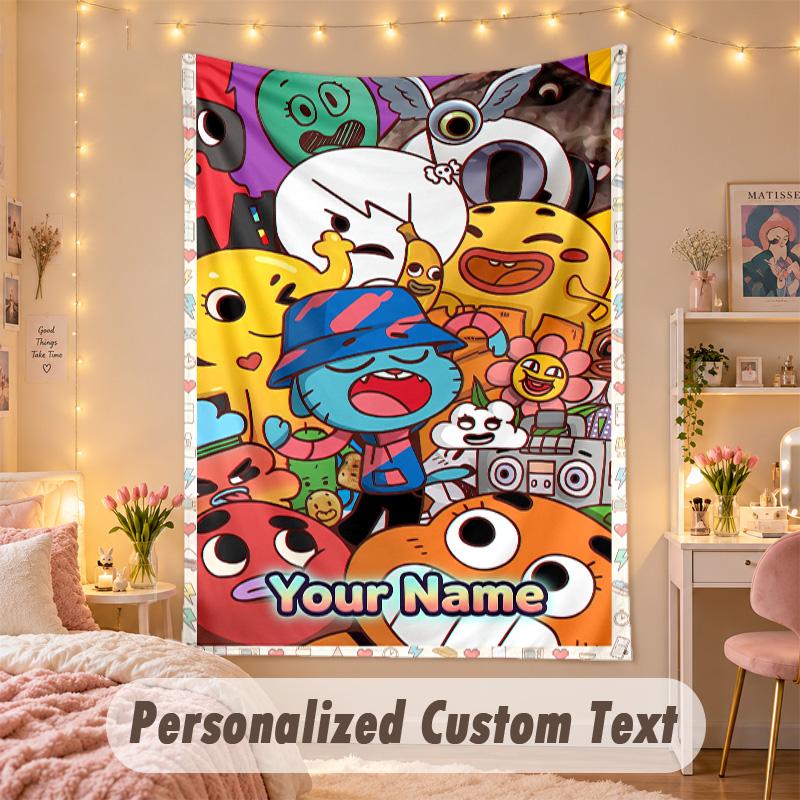 Custom Personalized Tapestry,Amazing World of Gumball Print Custom Name Text Wall Art Hanging for Bedroom