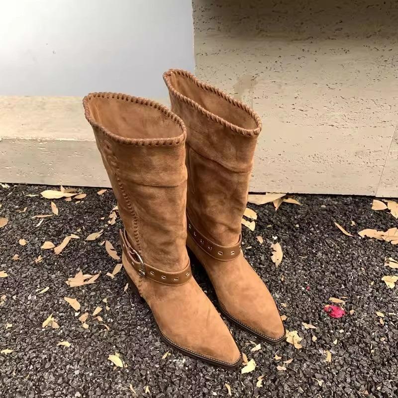 Cowhide version White Deer leather thick heel medium boots retro belt buckle pointed western cowboy boots knight boots