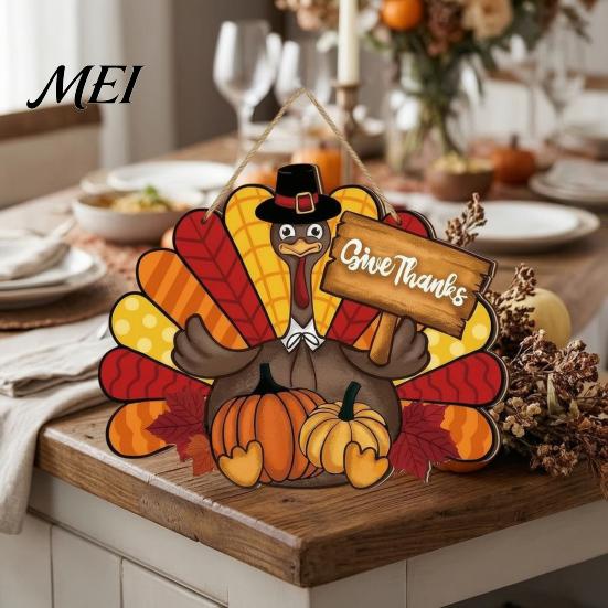 Weather-resistant Thanksgiving Sign Wooden Sign, Turkey and Pumpkin Welcome Wall Hanging Decor with "Give Thanks" Waterproof Holiday , Rustic
