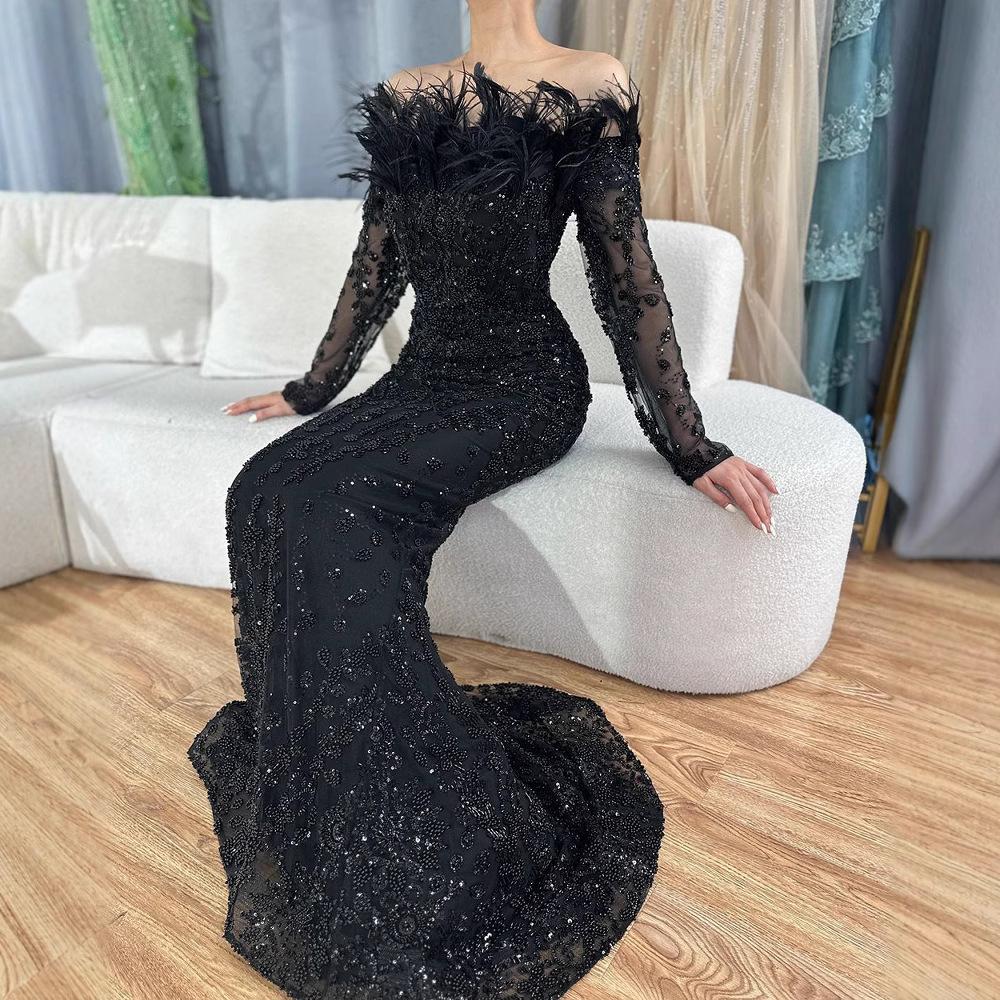 Women's Off Shoulder Feather Mermaid Evening Gown Mid Waist Elegant Beaded Long Sleeve Formal Banquet Host Maxi Dress