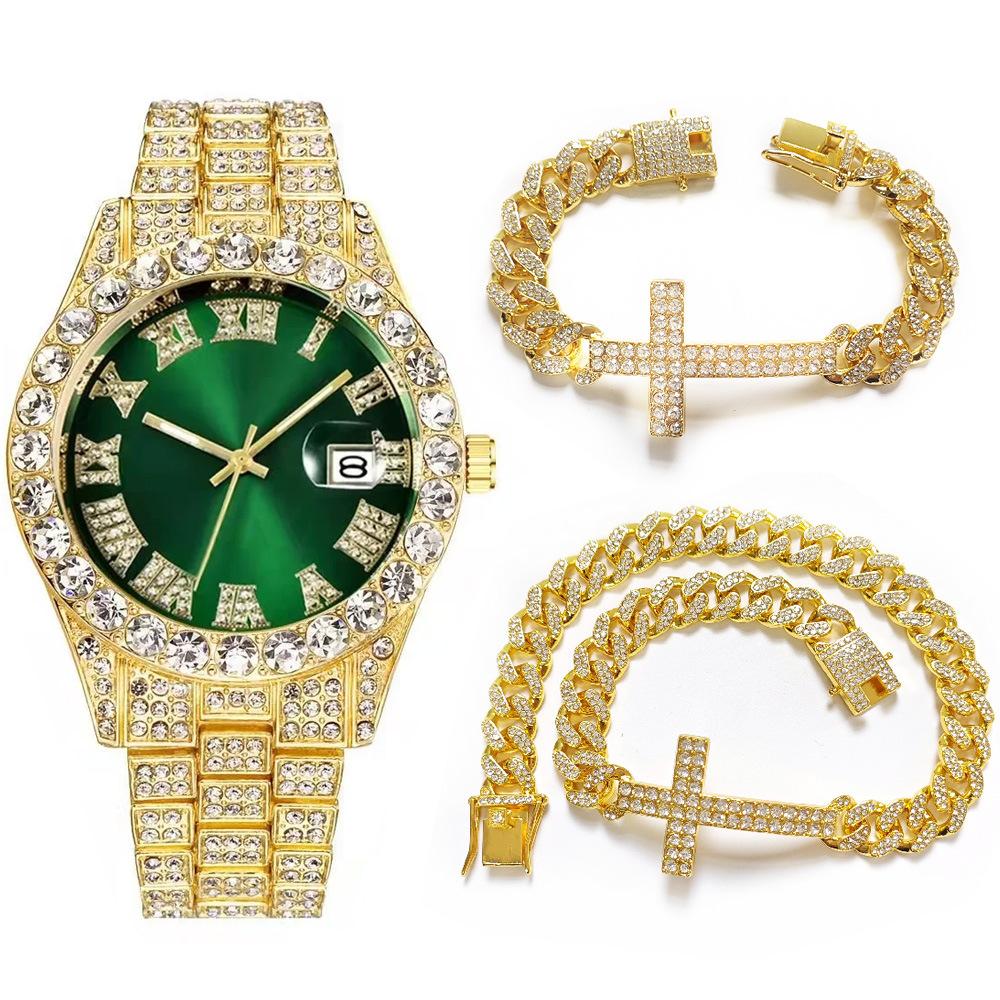 

Часы с заклепками в стиле хип-хоп, браслет с крестообразной кубинской цепочкой, полный комплект часов, часы+подарок+набор Watch+bracelet+necklace военно-воздушные силы синий