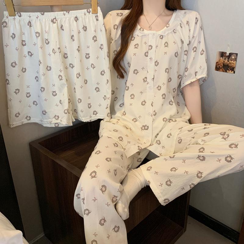 Crew Neck Lace Cloud Cotton Pajamas Women'S Summer Short Sleeves Sweet Cartoon Loungewear Three-Piece Set